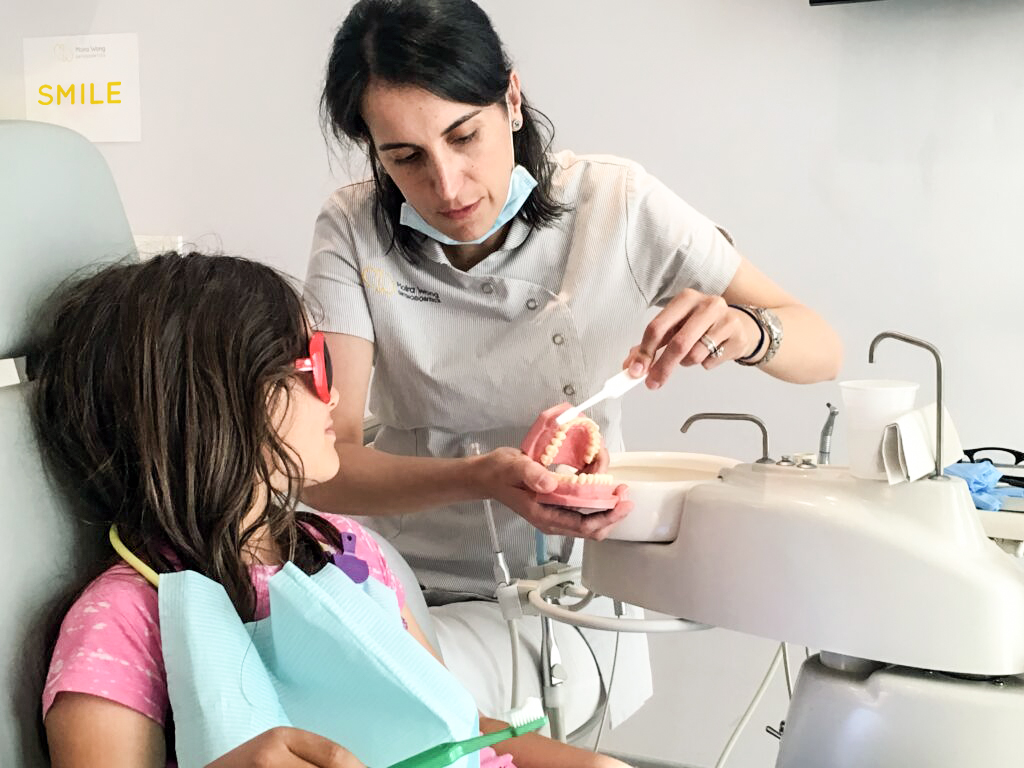Dr Carmen explaining teeth brushing to a child